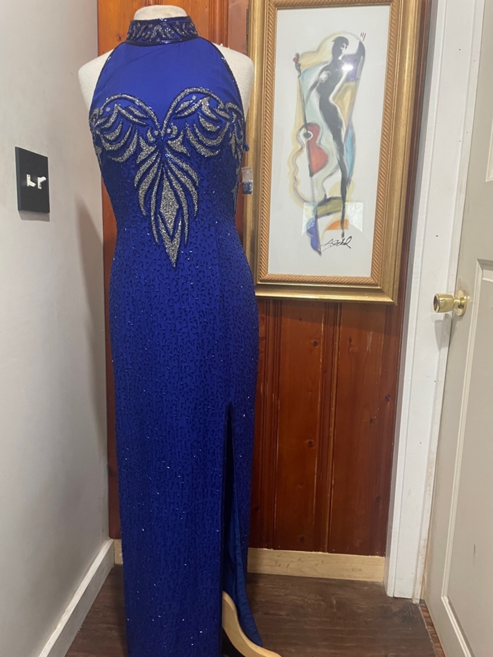 Papell Boutique Cobalt Blue Beaded Halter Evening Gown